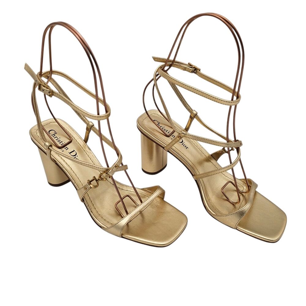 Christian Dior CD C'est Dior Heeled Sandal Size 37 US 7 Gold Metallic Strappy - Picture 1 of 12